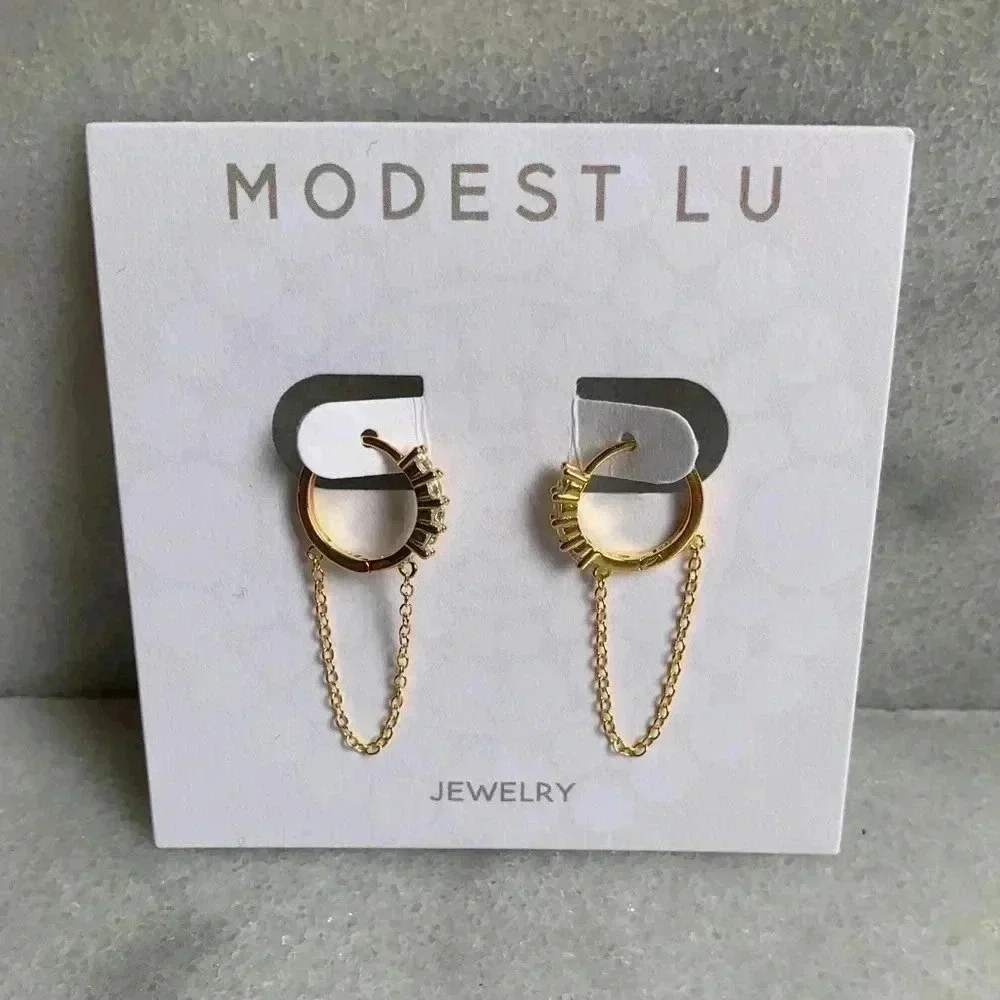 18K Gold Crystal Huggie Hoop Chain Earrings - Picture 1 of 3